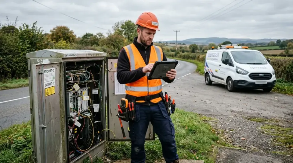 Technicien de terrain avec tablette industrielle en intervention extérieure